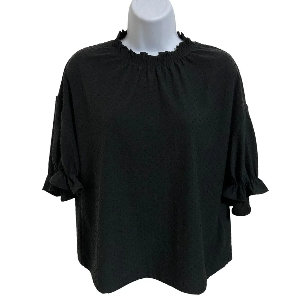 Madewell Clipdot Mock‎ Neck Ruffle Top Black Classic Blouse Short Sleeve Size XS